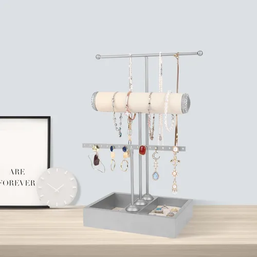 Vista 4 de Soporte para joyas, organizador para joyas, 3 niveles, joyero, organizador de joyas para brazaletes, collares, anillos, aretes y relojes (plata)
