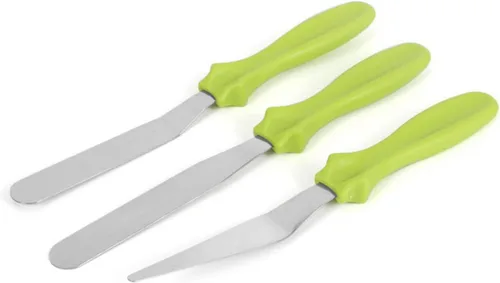 Vista 7 de 3 espátulas de acero inoxidable para hornear, cocinar y mezclar, espátula reutilizable para crema de pastel con mango de plástico, espátula