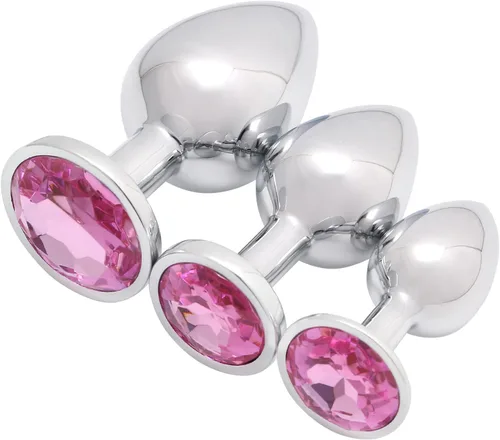 Vista 15 de AKStore 3 tapones anales fetiches de acero inoxidable con diseño de joyas lujosas para fantasías sexuales de bondage, tamaños grande, mediano y Negro
