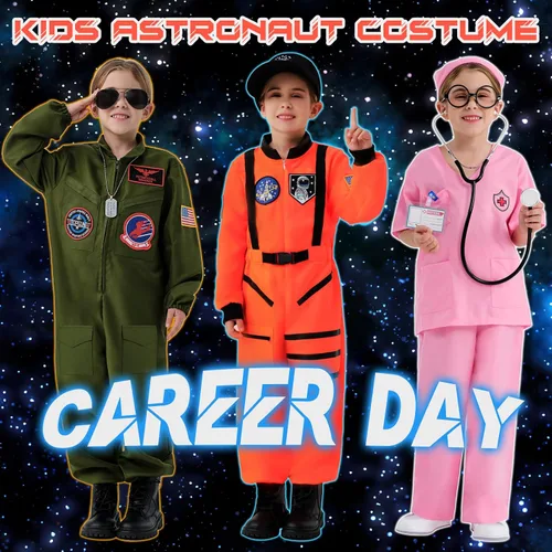 Vista 6 de Fooecor Disfraz de astronauta para niños, traje espacial de Halloween con mono y gorra incluidos (naranja)