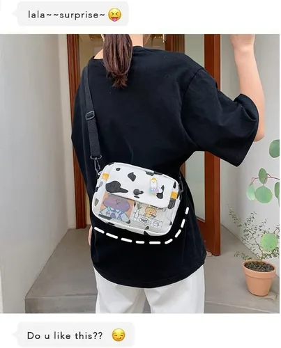 Vista 4 de Monedero de lona kawaii mini kawaii, lindo bolso cruzado para mujer, bolsa de mensajero para la escuela, Negro -, Bandolera