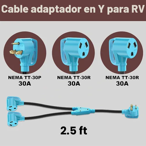 Vista 2 de CircleCord Cable adaptador en Y para caravana de 30 amperios a dos 30 amperios, enchufe macho NEMA TT-30P a hembra TT-30R con mango de agarre, STW