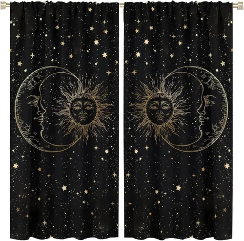 Vista 11 de Cortinas opacas con diseño de sol y luna, cuerpos celestes bohemios, con diseño de sol, luna y estrellas, para sala de estar, dormitorio, 42 x 45