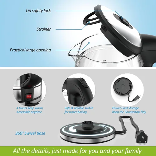 Vista 6 de NISVITU Hervidor eléctrico inalámbrico de vidrio y acero inoxidable para hervir agua, hervidor de agua caliente Hervidor eléctrico de té con apagado