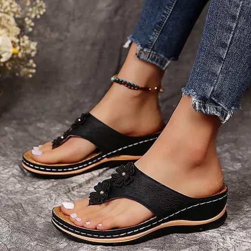 Vista 3 de Chanclas para mujer 2026, soporte de arco de flores, sandalias ortopédicas sin cordones con puntera abierta, bucle ajustable, sandalias de cuña