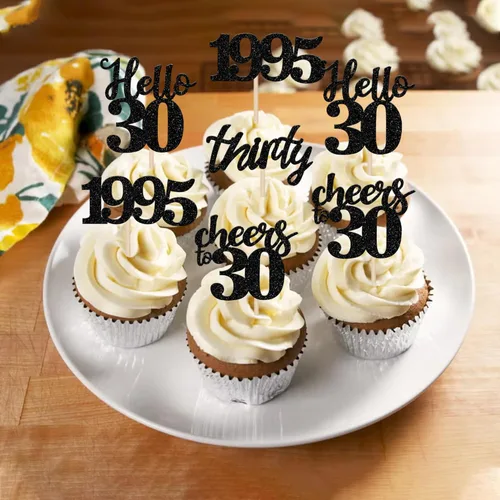 Vista 4 de 24 decoraciones negras para cupcakes de 30 cumpleaños con purpurina Hello 30, decoración de cupcakes Cheers to 30 desde 1995, treinta selecciones