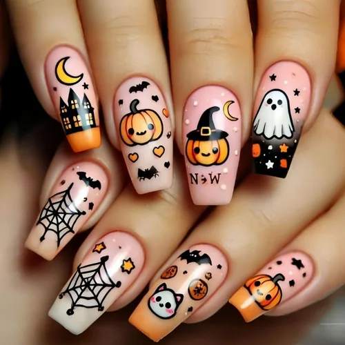 Vista 18 de Uñas postizas de Halloween a presión medianas con diseño de ataúd oscuro gótico embrujado, castillo muerto, diseño de árbol muerto, uñas postizas