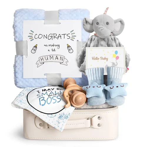 Vista 9 de iAOVUEBY Regalos de baby shower, regalos de bebé, juego de regalo de Navidad para recién nacidos, manta de bebé esencial de elefante, sonajero