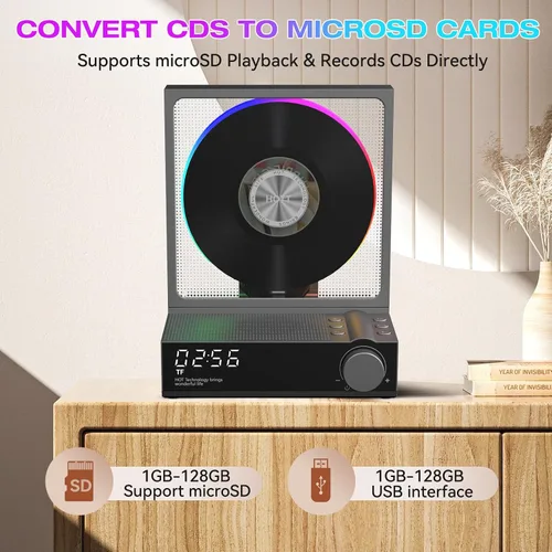 Vista 4 de HOTT - Reproductor de CD portátil, reproductores de CD retro Bluetooth 5.3 para el hogar, reproductor de música con altavoz de alta fidelidad, 4000