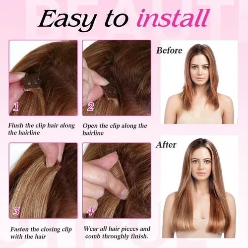 Vista 5 de Extensiones de cabello humano real con pinzas, extensiones de cabello humano 100% humano, extensiones de cabello humano brasileño Remy, extensiones