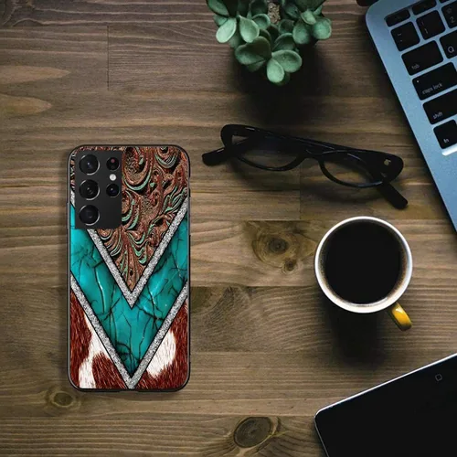 Vista 4 de Funda compatible con Samsung Galaxy S20 FE, piel de vaca occidental, turquesa y marrón, funda protectora de TPU suave a prueba de golpes