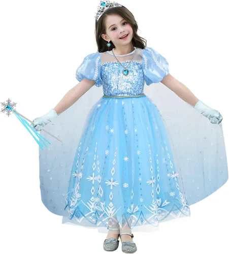 Vista 4 de Toylink Disfraz de Elsa para niñas disfraz de princesa elegante cumpleaños Halloween fiesta de cosplay con accesorios