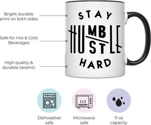 Vista 2 de YouNique Designs Taza dura Stay Humble Hustle, de 11 onzas, taza de café para hombres y mujeres, taza de café Boss Lady para mujeres, taza de café