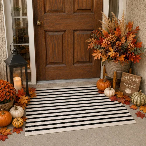 Vista 6 de KIMODE - Alfombra de algodón tejida con diseño a rayas en color negro, para puerta de entrada, cocina, decoración de estilo rústico
