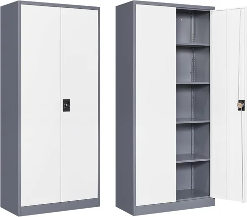 Vista 9 de Gabinete de almacenamiento de metal para garaje, armario de almacenamiento con cerradura de 71 pulgadas con 2 estantes ajustables y 1 cajón