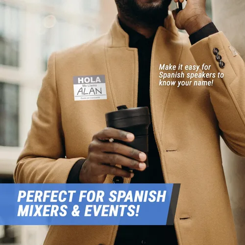 Vista 3 de Etiquetas de nombre en español (4 x 2.3 pulgadas, grises, 100 etiquetas) Hola, Me Llamo, insignias adhesivas para eventos, reuniones y reuniones