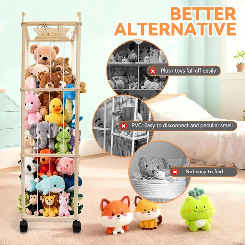 Vista 3 de YunSheCSBS Organizador de Almacenamiento de Animales de Peluche, Organizador Grande de Madera para Animales de Peluche con Ruedas, Soporte