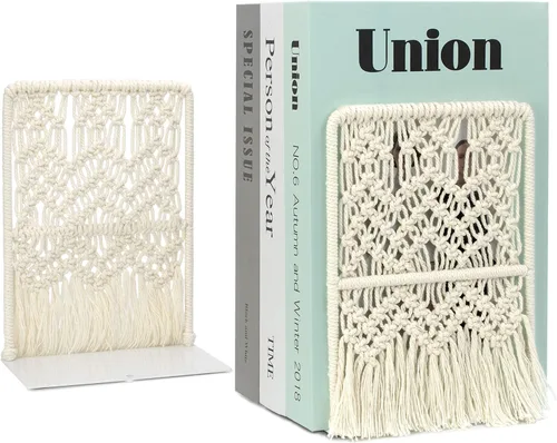 Vista 6 de AELS Sujetalibros de macramé bohemio con borlas, extremos de libros de metal resistente, soportes decorativos únicos para estantes, tapón