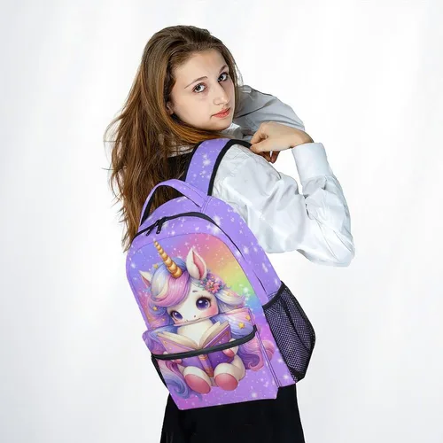 Vista 5 de Mochila para niñas, mochilas de unicornio para niños, bolsa de libros de 17 pulgadas para jardín de infantes primaria, preescolar, bonita mochila