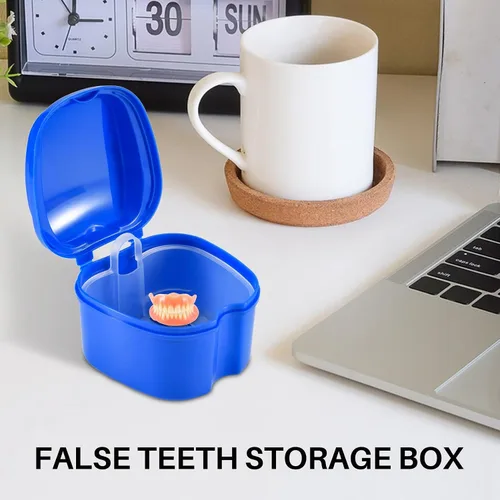 Vista 5 de Caja de dentadura azul oscuro, taza de dentadura con colador, caja de baño de dentadura postiza, caja de almacenamiento de dientes falsos con cesta