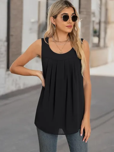 Vista 6 de QUEZHU Blusas y tops de verano para mujer, blusas de gasa de doble capa, ajuste holgado, cuello redondo, túnica sin mangas