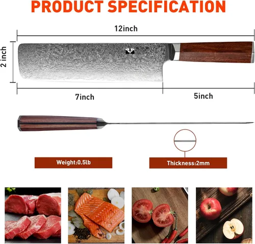 Vista 7 de Nakiri - Cuchillo de chef chino de acero de Damasco de 7 pulgadas, VG-10, 67 capas de acero de Damasco, picador profesional de verduras de Damasco