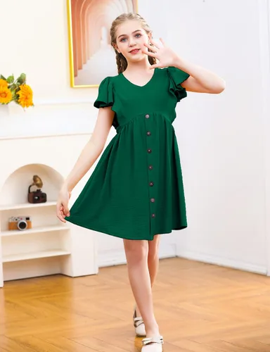 Vista 3 de UELoop Girls Summer Ruffle Sleeve Dress 2023 V-Neck Flowy Dress Kids Casual Babydoll Party A-line Swing Dresses 5-14Y