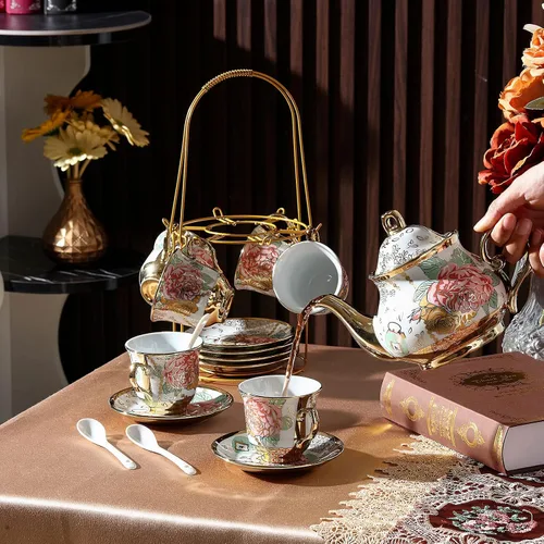 Vista 3 de Zhehao Juego de té de porcelana de 20 piezas con soporte de metal y cuchara para adultos, juego de té de cerámica para adultos, pintura de flores