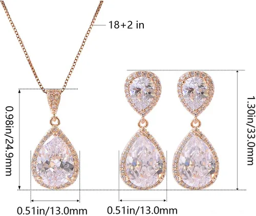 Vista 2 de Conjunto de joyería para boda, aretes de lagrima y collar con dije de circonio cúbico