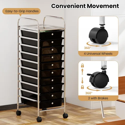 Vista 6 de Giantex Carrito de almacenamiento rodante con 10 cajones, carrito utilitario con tablero, organizador de cajones con ruedas para manualidades, arte