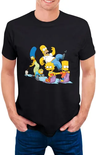Vista 3 de The Simpsons Camisa cómoda de manga corta para hombre con cuello redondo de algodón de moda camiseta negra