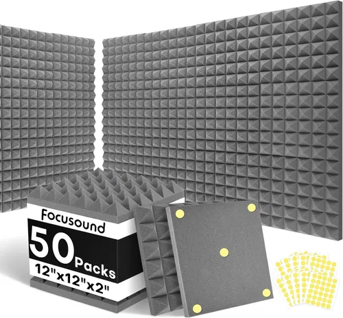Vista 14 de Paneles acústicos, paquete de 24 unidades de 2 x 12 x 12 pulgadas con 120 adhesivos de doble cara, espuma piramidal a prueba de sonido para paredes