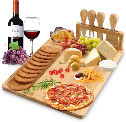 Vista 2 de TWGDH - Juego de tablas de queso de bambú que incluye 4 cubiertos de acero inoxidable, tabla de charcutería y bandeja para servir