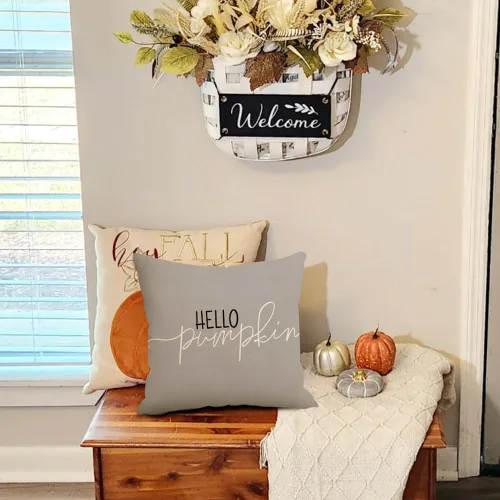 Vista 3 de RABUSOFA Fundas de Almohada de Otoño 18x18 Pulgadas, Almohadas Decorativas de Otoño Hello Pumpkin, Funda de Cojín para Exteriores de Acción
