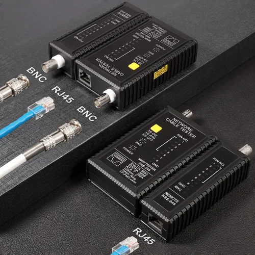 Vista 2 de Brileine Probador de cable de red coaxial y RJ45 de doble función con 2 adaptadores BNC macho a F hembra, comprobador de continuidad