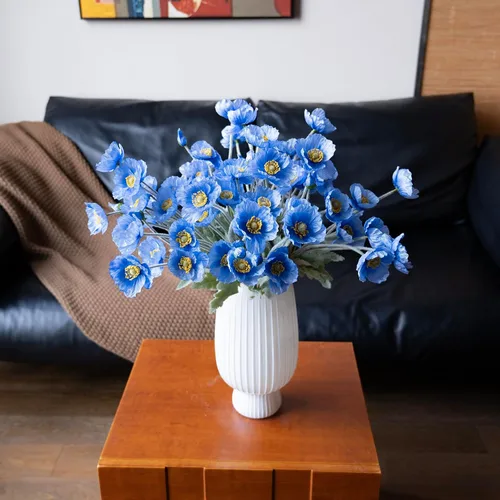 Vista 6 de DUYONE Flores artificiales 6 tallos ramo de seda de amapola, para boda, hogar, decoración de fiesta, arreglo de centro de mesa (azul)