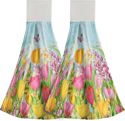 Vista 16 de Poppy Flower Hanging Hand Towels Set of 2,17x12 Inch Watercolor Chinoiserie Yellow Black Floral Soft Absorbent Dish Cloth Tie Towel for Kitchen