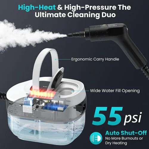 Vista 4 de Limpiador de vapor de mano para el hogar, vapor de alta presión de 2500 W, calentamiento rápido de 15 segundos, tanque de 1.6 L, limpiador de vapor