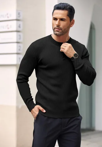 Vista 17 de COOFANDY Suéter de punto Henley para hombre, manga larga, con botones, ligero, para otoño, ajustado, acanalado