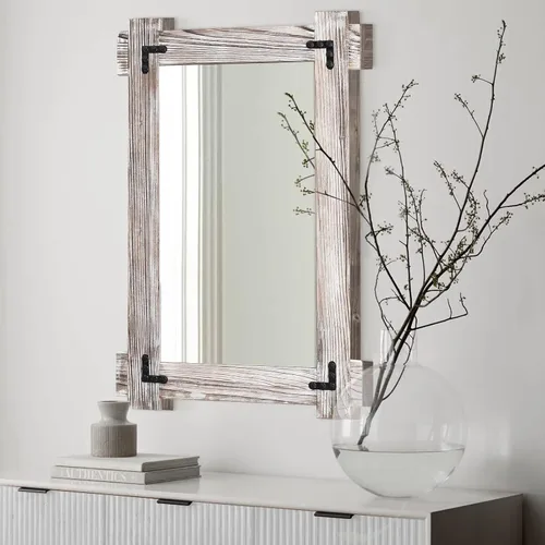 Vista 11 de MeMoreCool Espejo rústico de madera para baño, espejo decorativo con marco de granja para tocador, espejo rectangular de pared para dormitorio