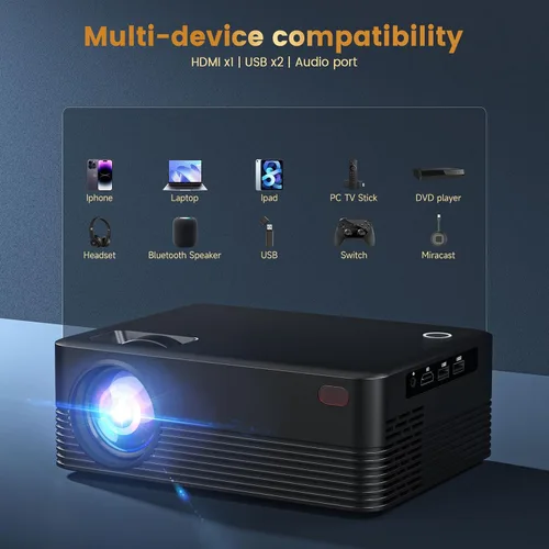 Vista 9 de Mini proyector, proyector portátil con WiFi y Bluetooth, proyector inteligente para exteriores con cable HDMI, 300 ANSI, compatible con cine en casa