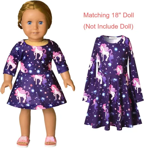 Vista 6 de Perfashion Vestidos a juego para niñas y muñecas sin mangasmanga larga, acampanados, faldas de fiesta de unicornio