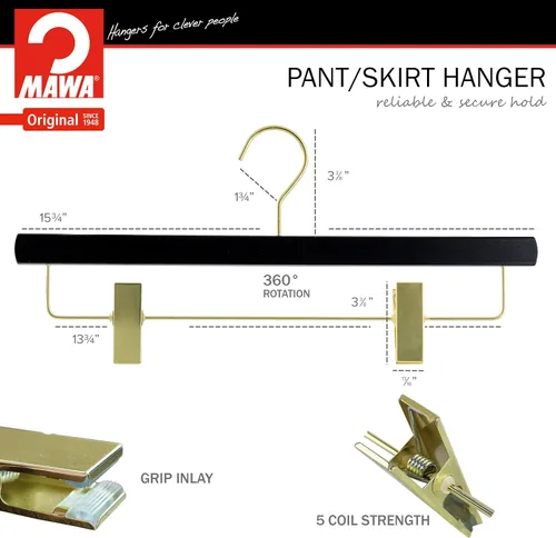 Vista 6 de MAWA by Reston Lloyd, Percha de madera europea, percha de madera de haya con clips ajustables para pantalones, gancho dorado giratorio, acabado