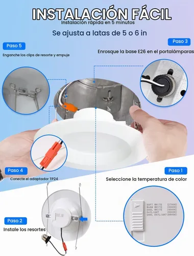 Vista 7 de Paquete de 6 luces LED empotrables 5CCT de 5/6 pulgadas, 2700K/3000K/4000K/5000K/6500K seleccionables, luces de lata regulables con borde deflector