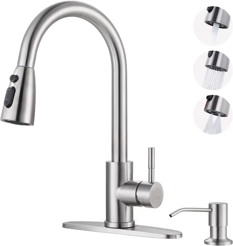 Vista 22 de WOWOW Grifo de cocina con rociador, grifo de fregadero de cocina, acero inoxidable SUS 304, grifo de cocina de níquel cepillado de arco alto