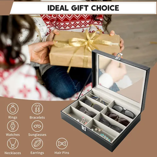 Vista 6 de Caja de almacenamiento para lentes de sol de 8 ranuras, de piel sintética, color negro, para mujeres y hombres, 8 ranuras para guardar lentes