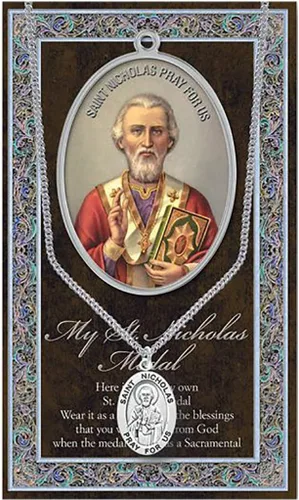Vista 4 de Rosemarie Collections Colgante de medalla religiosa de San en cadena de acero inoxidable sin clase, con biografía y carpeta de imágenes, 24 pulgadas