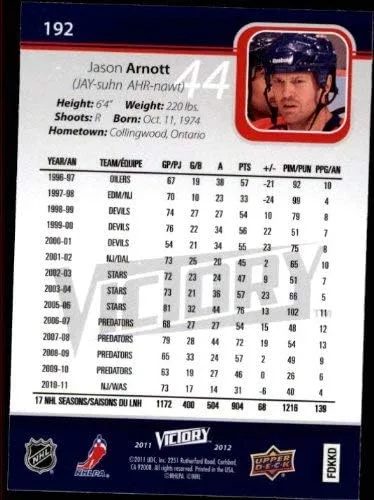 Vista 2 de 2011-12 Upper Deck Victory #192 Jason Arnott NHL Hockey Trading Card