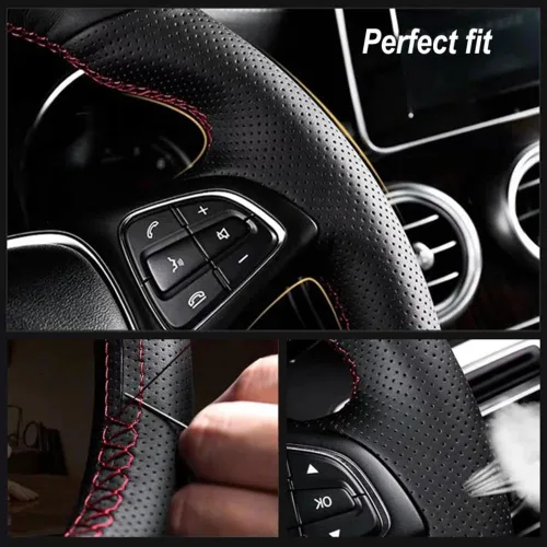 Vista 3 de Funda de volante cosida a mano para Chevrolet Cruze 2009-2014, funda de cuero negro para volante, protector de volante Negro (Black Line)