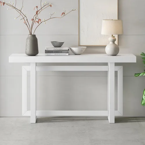 Vista 14 de Moderna mesa consola con 3 cajones de almacenamiento y mango de metal, elegante mesa de entrada de madera extra larga para pasillo, sala de estar